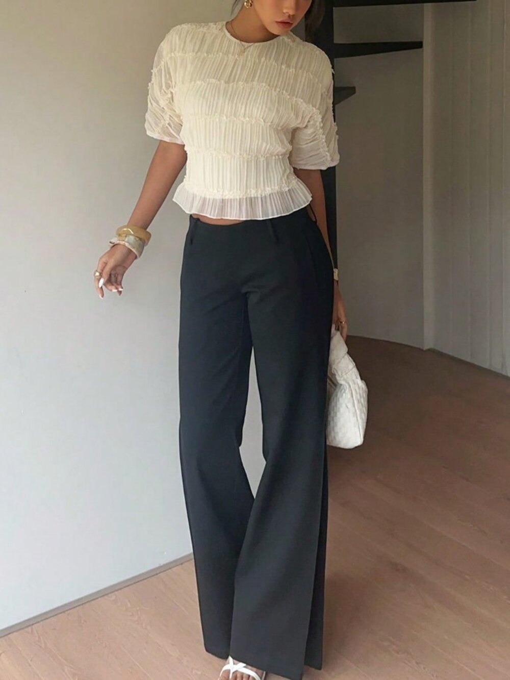 Apricot Elegant Women's Lace Ruffle Crew Neck Blouse - Picture 8 of 8
